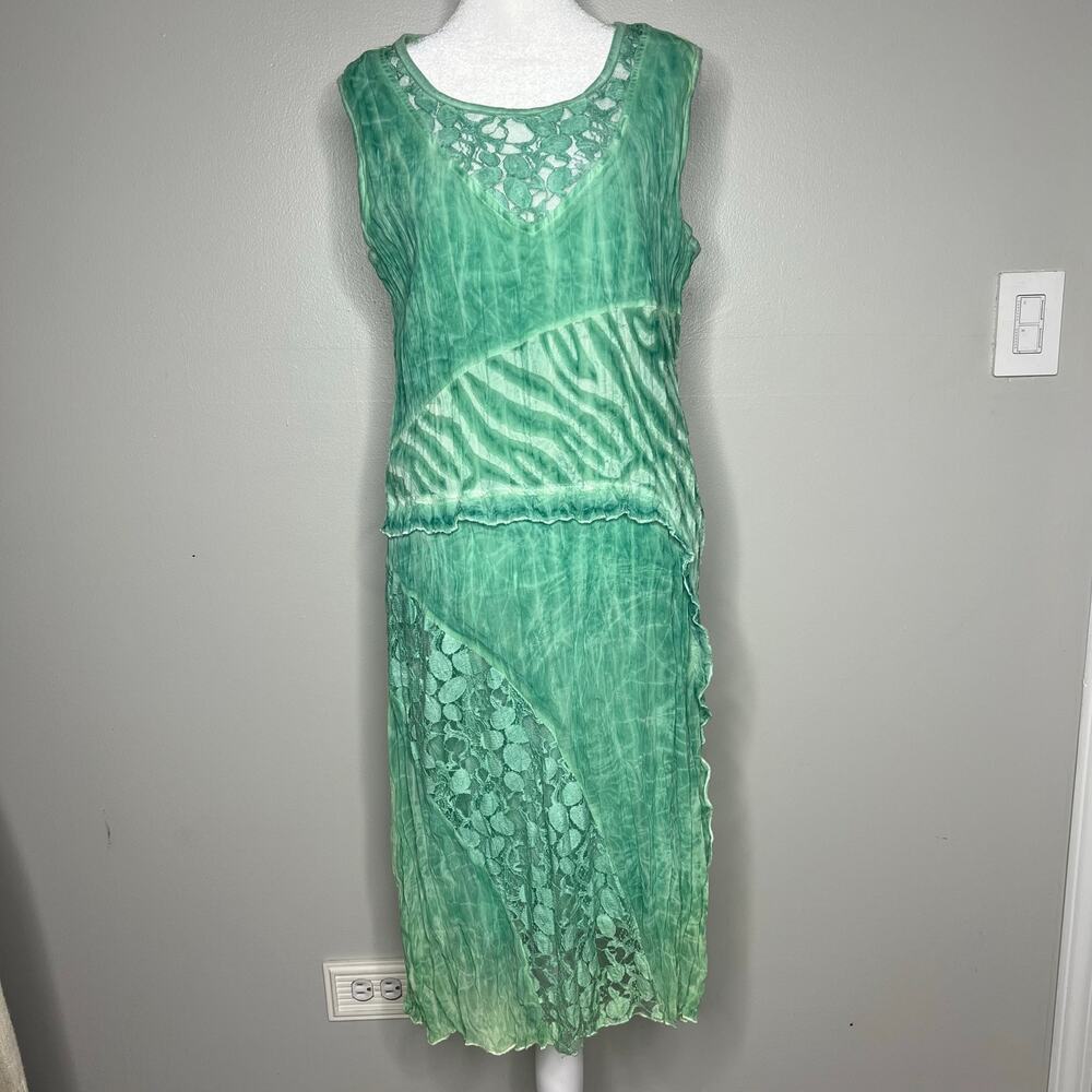 Women's Textured Fairy Grunge Sea Foam Green Dress Lace Inset Sz L Boho Hippie